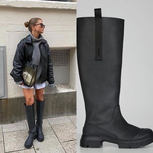 GANNI Black Recycled Rubber Country Boots Faux Fur Lined, Size 36, NEW IN BOX